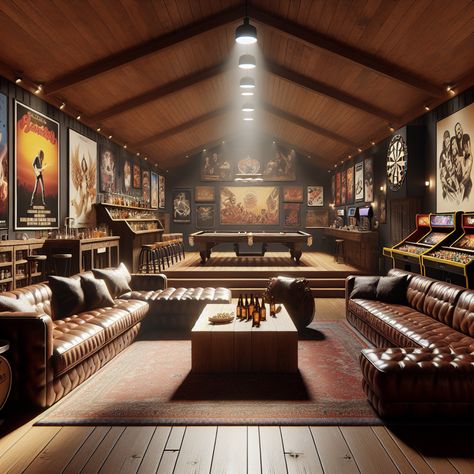 Immerse in this cozy man cave with ambient lighting, plush leather furniture, and an advanced home theater system. The room's vintage decor features rock and sports legends, a handmade pool table, an arcade machine, a fully-stocked rustic bar, and a pro dartboard. Indulge in the aroma of hardwood, leather, and a hint of beer. #MancaveDesign #HomeTheater #VintageDecor #GameRoom #BarSetup #DartboardSetup Sports Bar Furniture, Game And Theater Room, Man Cave Aesthetic, Cozy Man Cave, Cool Man Cave Ideas, Clubhouse Interior, Back Bar Design, Attic Man Cave, Modern Man Cave