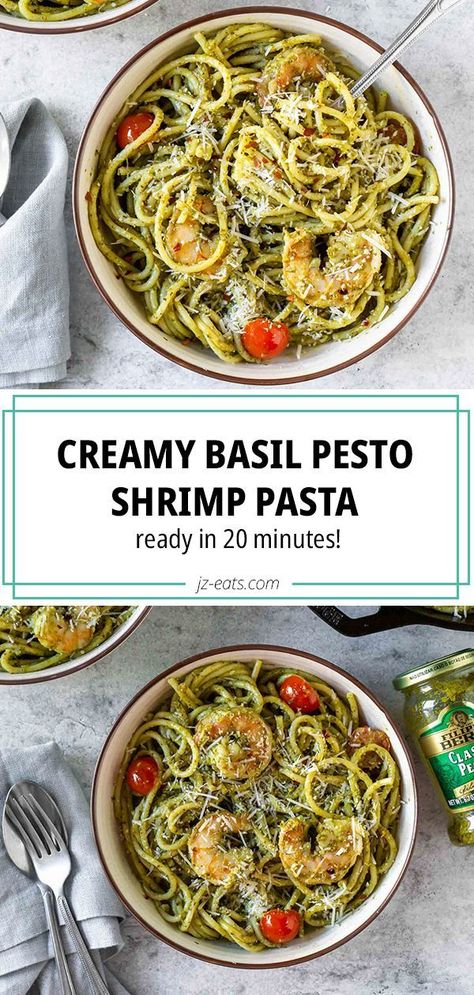 Basil Pesto Shrimp, Pesto Recipes Dinner, Pesto Shrimp Pasta, Pesto Dishes, Shrimp Pesto Pasta, Seafood Sandwiches, Creamy Pesto Pasta, Pesto Shrimp, Pesto Pasta Recipes