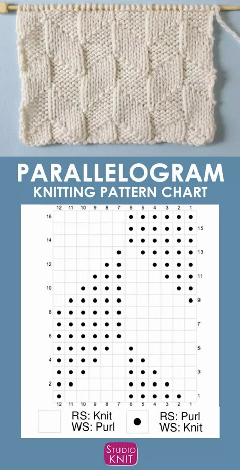 The Parallelogram Stitch Pattern creates a modern texture of interconnecting diagonal angles. This 16-Row Repeat is perfect for scarves, pillows, and blankets. #StudioKnit #knitstitchpattern #parallelogram #knitting #freepattern Studio Knit, Modern Texture, Easy Knitting Projects, Chart Patterns, Knit Stitches, How To Purl Knit, Knit Stitch Patterns, Knitting Charts, Knit Stitch