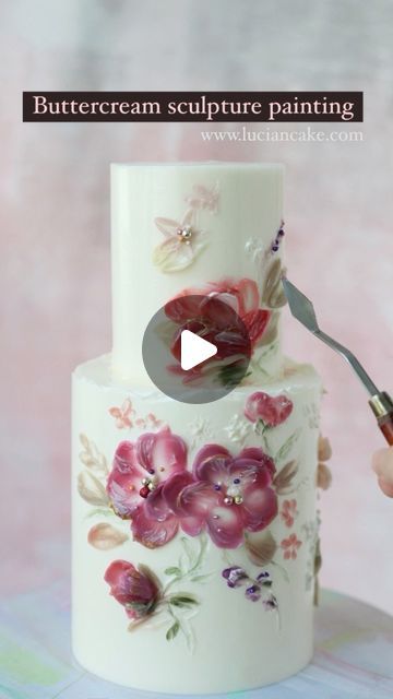 Painting Buttercream Cakes, Cake Palette Knife, Pallete Knife Cakes, September Cakes Ideas, Painted Cakes Buttercream, Buttercream Flowers On Cake, Palette Knife Painting Cake, Buttercream Stencil Cake, Pallet Knife Cake Decorating