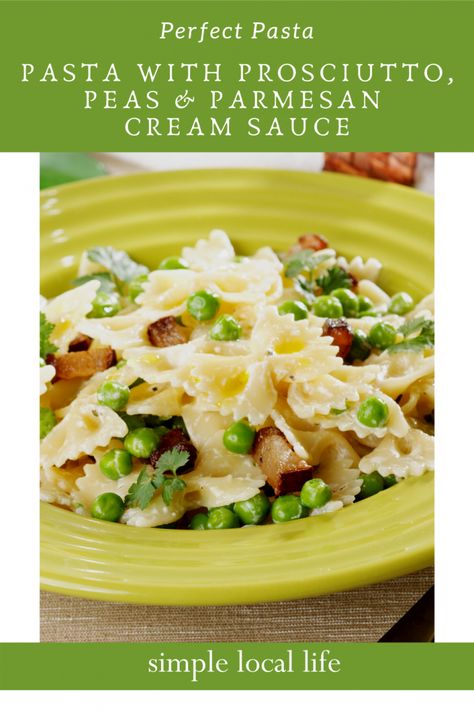 Pasta with Prosciutto and Peas in Parmesan Cream Sauce - Simple Local Life Pasta With Prosciutto, Prosciutto Sandwich, Prosciutto Pasta, Ham Pasta, Cream Sauce Pasta, Pasta With Peas, Favorite Chili Recipe, Creamed Peas, Creamy Pasta Sauce