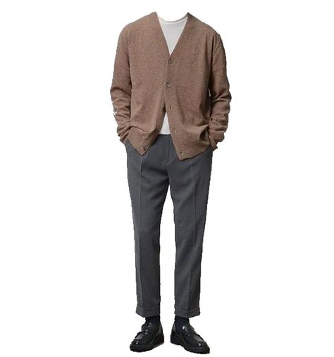 Mens Cardigan Outfit Formal, Brown Cardigan Outfit Men, Cardigan Office Outfit, Mens Cardigan Outfit, Brown Cardigan Outfit, Grey Pants Outfit, Clothing Folds, Outfits For Ocs, Nyc 2023