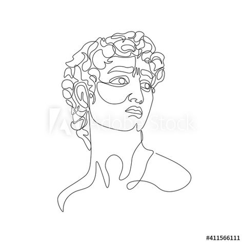 One line drawing of Michelangelo's David portrait. Abstract illustration of ancient greek classic statue in modern style for tattoo, print Stock Vector | Adobe Stock David Portrait, Michelangelo Tattoo, Classic Statue, David Tattoo, Michelangelo's David, Tatuagem Masculina Pequena, Portrait Abstract, Statue Tattoo, Marvel Tattoos