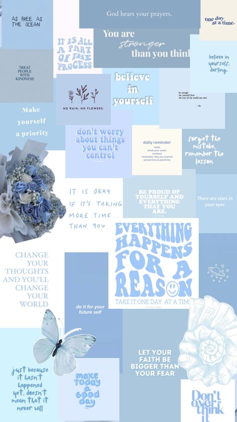 Light Blue Collage Wallpaper, Blue Collage Wallpaper Aesthetic, Blue Collage Wallpaper, Collage Wallpaper Aesthetic, Light Blue Wallpaper, Blue Collage, Christian Iphone Wallpaper, Girly Room Decor, Christian Quotes Wallpaper