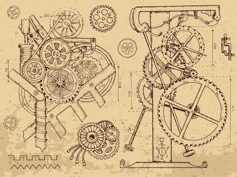 Old mechanisms and machines in steampunk style. Retro mechanisms and machines in , #SPONSORED, #style, #Retro, #textured, #mechanisms, #machines #ad Gear Drawing, Steampunk Drawing, Mechanical Drawing, Steampunk Illustration, Steampunk Style, Steampunk Design, Steampunk Art, Illustration Sketches, Steampunk Fashion