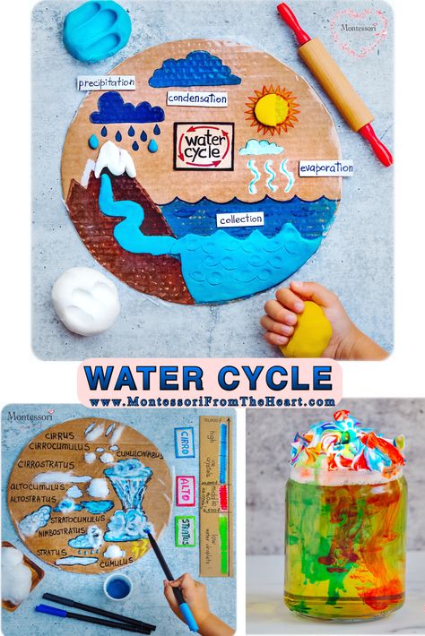 Hands-on DIYs to learn about water cycle, including evaporation, condensation, such as cloud types, precipitation such as raining in a jar. #montessori #preschool #diy #homeschool #homeschooling #watercycle #watercycleactivities #recycled #crafts #kidsactivities Rain Cycle Preschool, Water Cycle Craft For Kids, Water Cycle Craft Preschool, Water Cycle Art, What Is Water Cycle, Water Cycle Chart, Water Cycle Craft, Rain Cycle, Water Cycle Project