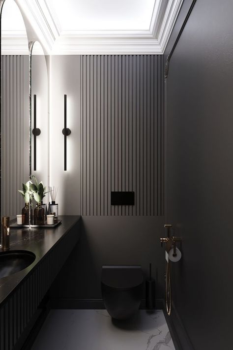 Guest Toilet Ideas Small Modern, Small Bathroom Interior Design, Luxury Guest Bathroom Ideas, Bathroom Black White, Modern Small Bathroom, Elegant Bathroom Decor, Bathrooms Ideas, Wc Design, Mirrors Bathroom