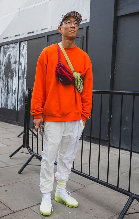 Orange And White Streetwear Outfit, Mens Bright Color Outfits, Orange Tshirt Outfits Man, Colourful Outfits Men, Orange Street Style, Futuristic Street, Richard Biedul, Jim Chapman, Bright Colored Outfits