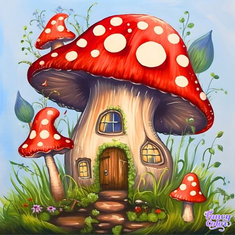 Mushroom Home Drawing, Mushroom Home, Home Drawing, Whimsical Cottage, Fantasy Village, Whimsical Art Paintings, Style Cottage, Relaxation Gifts, Mushroom Art