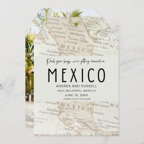 Pack Your Bags Mexico Map Photo Wedding Save The Date #zazzle #weddinginvitations #birthdayinvitations #babyshowerinvitations #zazzleinvitations #monogram #businesscards #graduation #homedecor Destination Wedding Save The Date, Luggage Tags Wedding, Map Photo, Mexico Gift, Mexico Map, Destination Wedding Mexico, Cabo Weddings, Maputo, Pack Your Bags