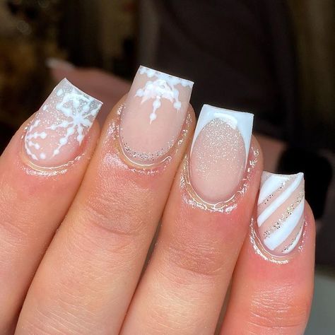 Almond Christmas Nails Short, Pink French Tips With Snowflakes, Christmas Nails Short Design, Nails Christmas Designs Short, Cute Nails For January 2024, Winter Wonderland Nails Short, Nail Ideas Short Christmas, Christmas Nails Acrylic Square Short, Nail Ideas Christmas Short