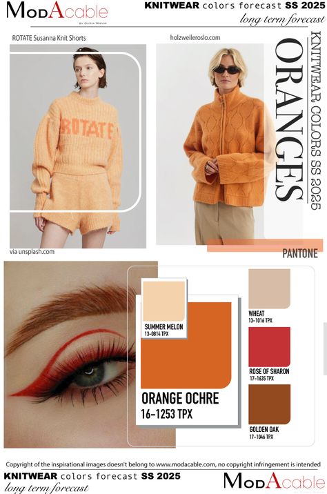 SS25 knit color Oranges - ModaCable Mood Board Fashion Inspiration, 2025 Trends, Knitwear Trends, Colour Combinations Fashion, Fashion Trend Forecast, Color Forecasting, Color Combinations For Clothes, Color Trends Fashion, Fashion Forecasting