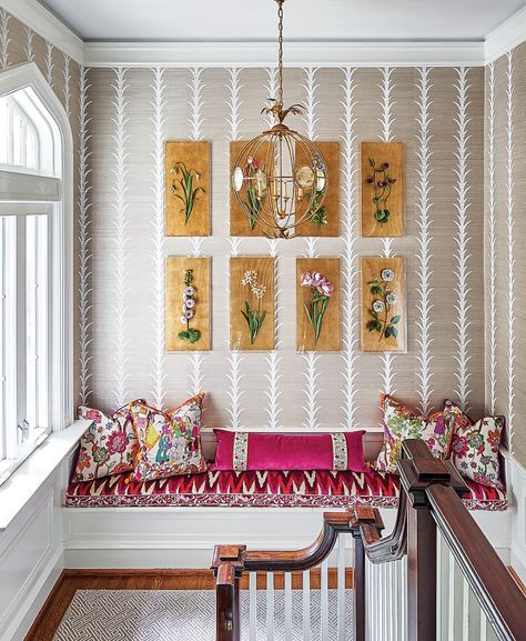 Southern Home Magazine, Foyer Wallpaper, Leontine Linens, Main Staircase, Grand Millennial Decor, Grandmillenial Style, Staircase Landing, Grand Millennial Style, Landing Area