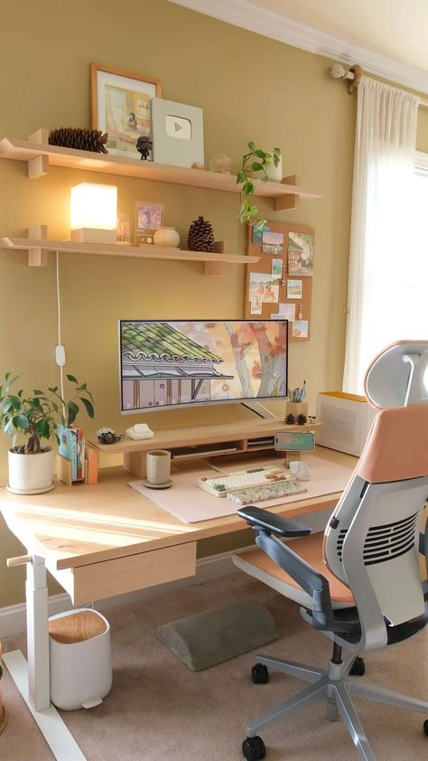 Cozyleigh Studios – cozyleigh studios Ghibli Office Aesthetic, Cosy Computer Setup, Grovemade Desk Setup, Shared Study Room, Cozy Pottery Studio, Neon Home Office, Desk Setup Aesthetic Modern, Comfy Desk Setup, Japandi Gaming Setup