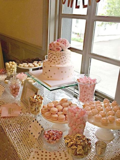 Fiesta Shower, Bubbly Bar, Gold Bridal Showers, Bridal Shower Cake, Pink Bridal Shower, Shower Food, Candy Table, Pink Bridal, Wedding Candy