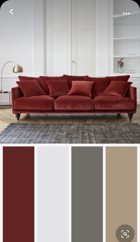 Red Color Palette Interior Design, Red Sofa Decorating Color Schemes, Red And White Living Room Ideas, Red Floor Living Room, Red Sofa Living Room Color Schemes, Living Room Red Couch, Burgundy Sofa Living Room, Burgundy Couch Living Room, Burgundy Couch