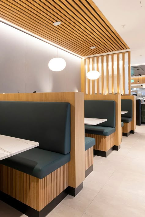 Restaurant booth seating with ribbed timber, feature lighting and fabric wrapped panels Restaurant Booth Design, Booth Seating Design, Booth Seating Restaurant, Restaurant Chairs Design, Restaurant Seating Design, Restaurant Booth Seating, Coffee House Design, Feasibility Study, Feature Lighting