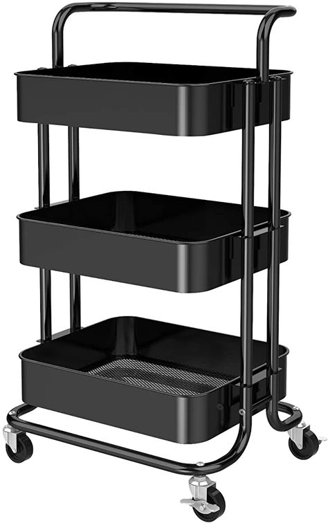 Amazon.com: 3 Tier Mesh Utility Cart, Rolling Metal Organization Cart with Handle and Lockable Wheels, Multifunctional Storage Shelves for Kitchen Living Room Office by Pipishell, Black: Kitchen & Dining Rolling Shelves, Rolling Kitchen Cart, Organization Cart, Rolling Utility Cart, Kitchen Trolley, Storage Trolley, Utility Storage, Rolling Cart, Utility Cart