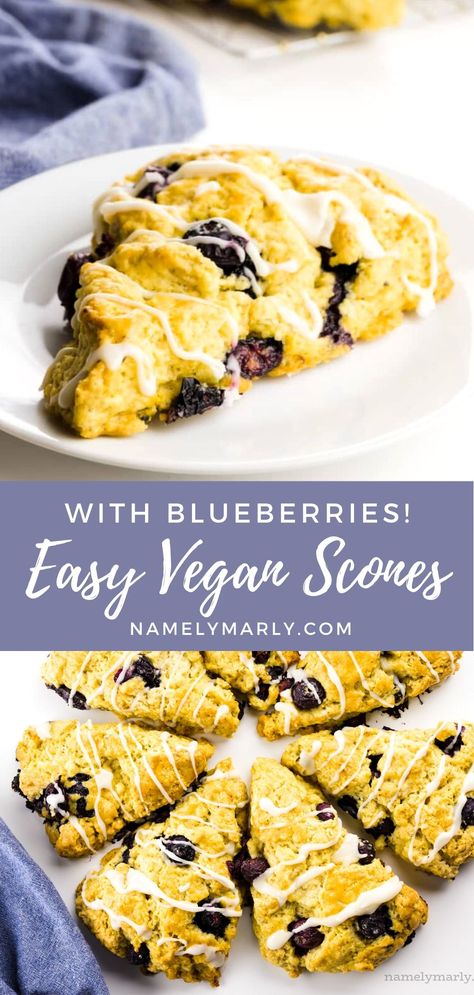 Transform breakfast into something worth celebrating with these easy vegan scones! You'll love these flaky scones infused with blueberries! Treat the family (and yourself) with this tasty vegan breakfast treat!   #namelymarly #veganscones #scones #blueberryscones Best Vegan Scones, Vegan Scones Recipe, Vegan Blueberry Scones, Scones Vegan, Accidentally Vegan, Vegan Scones, Turbinado Sugar, Vegan Brunch, Vegan Blueberry