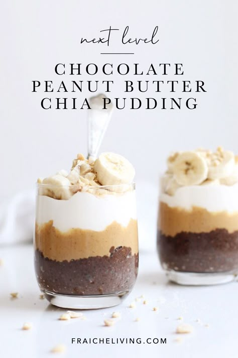 Serve it in a short glass in layers starting with rich tasting chocolate chia pudding, peanut butter and a dollop of coconut whip and piled with fresh sliced bananas on top. #chiapuddingrecipe #chocolatechiapudding #peanutbutterchiapudding #breakfastrecipes #helathierbreakfasts Chocolate Banana Chia Pudding, Banana Bread Chia Pudding, Blender Chia Pudding, Layered Chia Pudding, Chia Seed Pudding Peanut Butter, Chia Pudding Peanut Butter, Chia Pudding Aesthetic, Chia Pudding Coconut, Chocolate Peanut Butter Chia Pudding