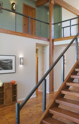 Cable Rail Stair Industrial Staircase, Farmhouse Staircase, Farmhouse Stairs, Rustic Staircase, Warm Industrial, Interior Railings, Contemporary Staircase, Staircase Remodel, Stair Railing Design