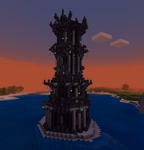 Minecraft Houses Blackstone, Minecraft Black Stone Builds, Nether Tower Minecraft, Towers Minecraft Ideas, Minecraft Deep Slate Tower, Blackstone Wall Minecraft, Minecraft Tower Layout, Gothic Style Minecraft Builds, Blackstone Tower Minecraft