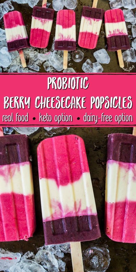 With low-carb berries, a cultured cream cheese filling, and my sugar-free sweetener blend Dietz Sweet, these Keto Probiotic Berry Cheesecake Popsicles are perfect for healthy summer snacking for adults and kiddos alike! These real food probiotic popsicles also have a dairy-free option! #allthenourishingthings #ketopopsicles #summersnacks #healthypopsicles #dairyfree #berries Keto Popsicles, Cheesecake Popsicles, Healthy Popsicle Recipes, Healthy Summer Snacks, Healthy Popsicles, Berry Cheesecake, Homemade Popsicles, Keto Ice Cream, Keto Brownies