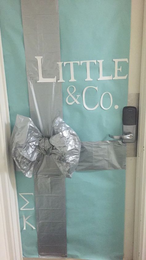 Big Little Door Decoration Door Dec Door Sign Tiffany Little Surprise Bow Mint Blue Sigma Kappa Little & Co Sorority Reveal Shirts, Door Decorations College, Sorority Family, Big Little Canvas, Big Little Basket, Trendy Door, Big Little Shirts, Door Decs, College Sorority