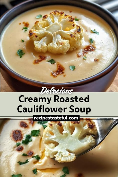 This creamy roasted cauliflower soup is a rich and velvety delight perfect for a cozy meal. Roasting the cauliflower enhances its natural nutty flavor, which pairs beautifully with the creamy base and optional toppings like crispy bacon and fresh parsley. Coliflower Soup, Chinese Chicken Salad Recipe, Traditional Thanksgiving Recipes, Creamy Cauliflower Soup, Roasted Cauliflower Soup, Light Soups, Cauliflower Soup Recipes, Easy Thanksgiving Recipes, Hearty Dinner