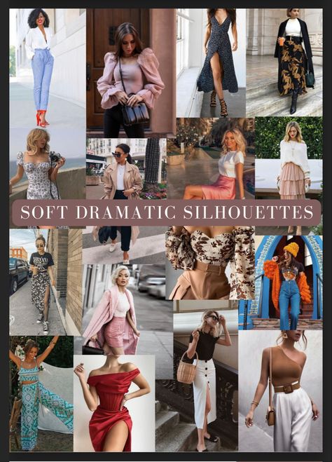 Outfits For Soft Dramatic, Soft Dramatic With Angelic Essence, Soft Dramatic Edgy Outfits, Soft Dramatic Workwear, Kibbe Soft Dramatic Summer Outfits, Soft Dramatic Athleisure, T Silhouette Fashion, Soft Dramatic Accessories, Soft Dramatic Office Style