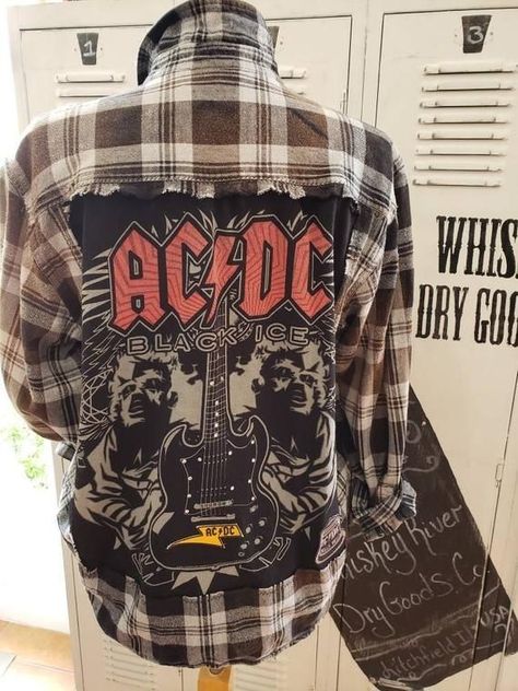 Flannel Upcycle, Shirt With Patches, Flannel Shirt Refashion, Altered Couture, Shirt Refashion, Black Ice, I'm With The Band, Diy Shirt, Ac Dc