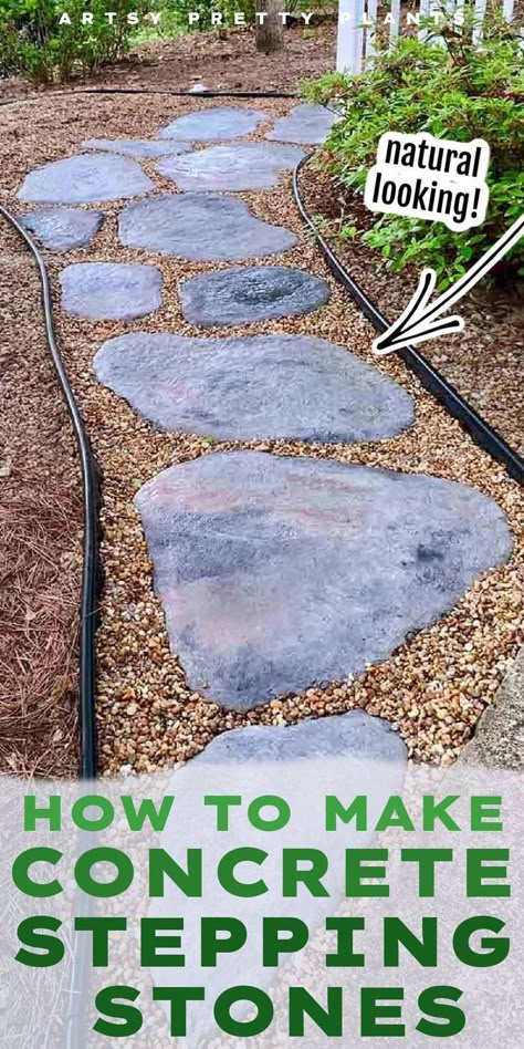 Learn how to make concrete stepping stones that look like natural fieldstone. Make the stone molds using vinyl straps, then shape and add colorant to customize them for your yard. This is a great way to build an outdoor path with DIY stepping stones. Diy Concrete Rocks, Resurfacing Concrete Steps, River Rock Stepping Stones, Walkway Stones Pathways, Diy Garden Stones How To Make, Concrete Rock Pathway, Concrete Step, Stone Yard Art, Concrete Stone Pathway