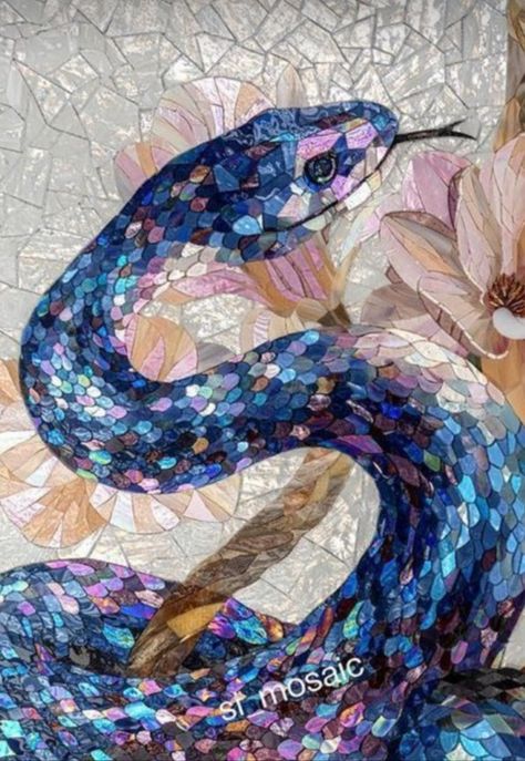 Blue Mosaic Art, Mosaic Style Painting, Mosiac Tile Art, Snake Mosaic, Mosaic Aesthetic, Aesthetic Mosaic, Mosaic On Canvas, Dragon Mosaic, Modern Mosaic Art