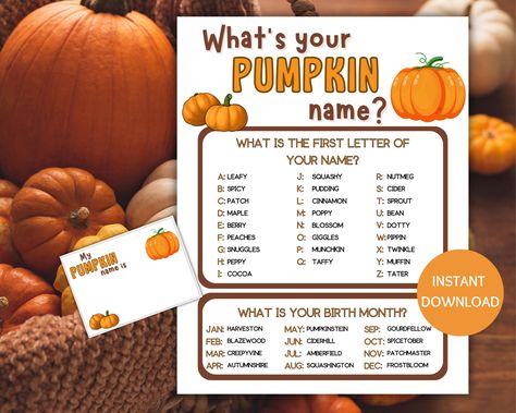 This What's Your Pumpkin Name Game with Name Tags is a printable PDF and a digital download. This fun name generator game makes the perfect icebreaker game for a fall birthday party or a pumpkin baby shower. Use the Pumpkin name game printable for your family game night or as a classroom activity as part of your teacher resources.  Print as many copies as you like, so you can enjoy this Pumpkin activity time and again. *What you receive: An instant digital download - nothing will be mailed 2- 8. Harvest Party Games Target, Thanksgiving Birthday Party Games, What Is Your Pumpkin Name, Fall Party Group Games, Pumpkin Smash Game, Pin The Pumpkin Game, Pop A Pumpkin Game, Fall Feud Party Game, Pumpkin Face Game