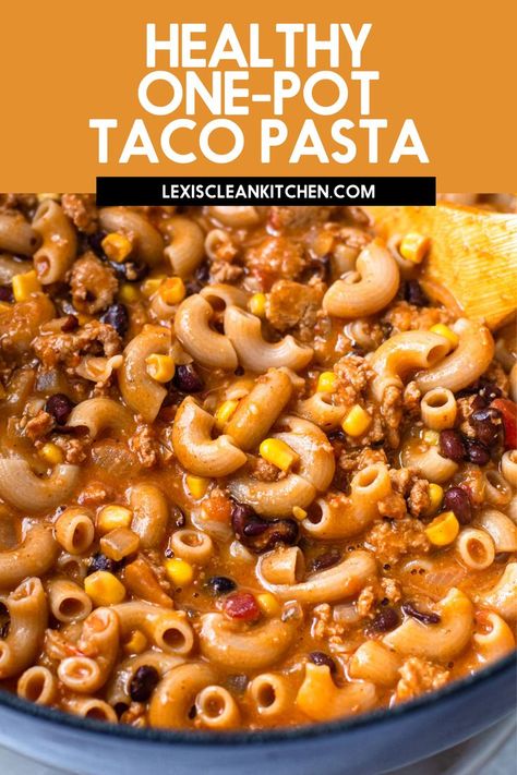 Easy weeknight dinner - one pot taco pasta. Healthy Hamburger Helper, Elbow Pasta Recipes, Easy Taco Pasta, Healthy Hamburger, Lexi's Clean Kitchen, Clean Eating Guide, Elbow Pasta, Clean And Delicious, Taco Pasta