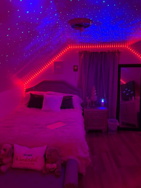 Led Lights Bedroom Bunk Bed, Attic Bedroom Ideas Led Lights, Bedroom Inspirations Led Lights Cozy, Led Lights Bedroom Roof, White Bedroom With Led Lights, Cozy Bedroom Led Lights, Led Aesthetic Bedroom, Bedroom Ideas Led Lights Under Bed, Box Room Bedroom Ideas Aesthetic