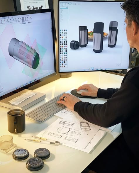 Design Flow 〰️ Sketches, Solidworks, Keyshot, & Coffee (+ music. always music playing) ♾️ I’ve been in this constant state for the last two weeks solid riding that creative high! What does your Design Flow look like? Cheers to the weekend! 🥃 🫳🏻 #️⃣ 🕳️ #sketching#productdevelopment#idsketch#idsketching#designsketch#designprocess#designideas#concepts#industrialdesigner#productdesigner#conceptdevelopment#산업디자인 #제품디자인#diseño #diseñoindustrial #設計 #デザイン #意匠 #図案 #industrialdesigncommunity... Industrial Design Aesthetic, Cintiq Workspace, Engineering Portfolio, Engineer Office, Modern Luxury Architecture, Art Student Aesthetic, Coder Girl, Artist Room, Architecture Study