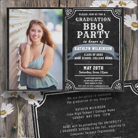 Grad Congratulations, Graduation Bbq Party, Collage Invitation, Graduation Bbq, Graduation Chalkboard, Bbq Party Invitations, Rustic Chalkboard, Bbq Invitation, Invitation Flyer