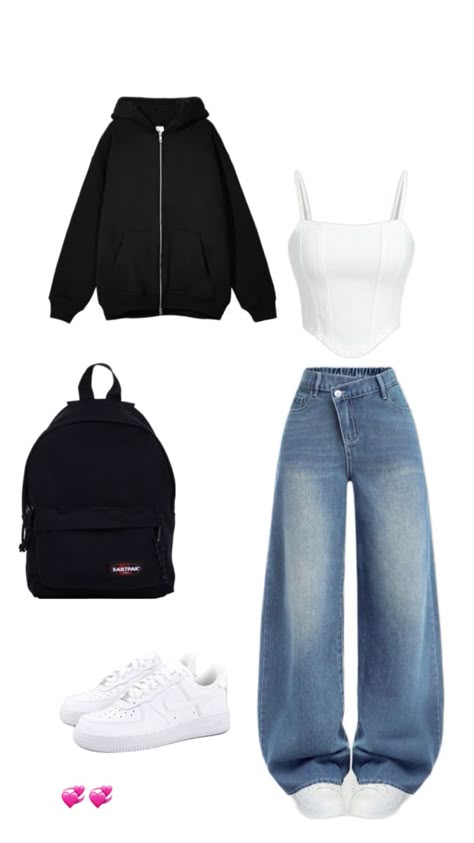 Pinterest Outfit Ideas, Corset Top Black, Baggy Jeans For Women, Outfit For Everyday, Mode Ulzzang, Street Style Outfits Casual, White Corset Top, School Look, Outfit For School