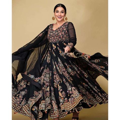 Bunch Flower, Black Anarkali, Printed Anarkali, Anamika Khanna, Vidya Balan, Patch Work, Ethnic Wear, Black Print, Indian Wear