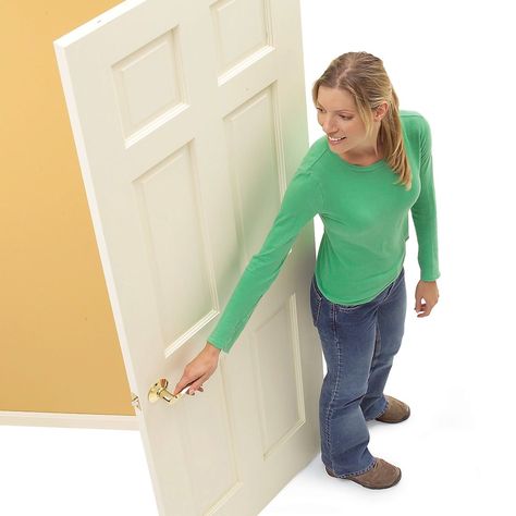 Use this method to tell the difference between a left- and right-hand door. It'll help eliminate the guesswork when ordering the proper swing direction and hinge placement on your next door. Swinging Door Hinges, Installing Laminate Flooring, Building A Barn Door, Wood Repair, Rustic Barn Door, Swinging Doors, Doors And Hardware, Beginner Woodworking Projects, Family Handyman