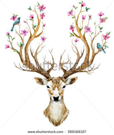 watercolor illustration isolated deer, big antlers, flowers and birds on the horns, branches cherry flowering plant Diy Wall Stickers, Deer Art, 수채화 그림, Large Artwork, Pattern Wall, A Deer, Deer Head, Wall Decor Stickers, Acrylic Wall Art