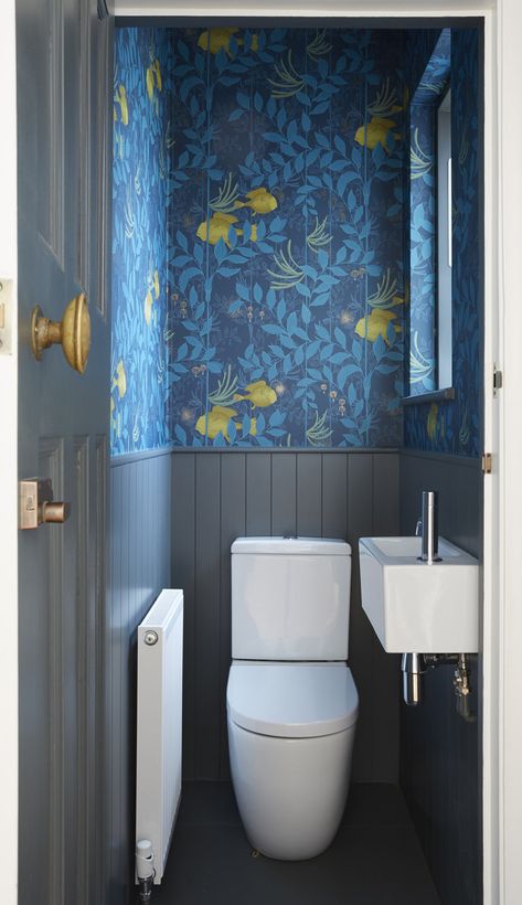 Quirky Downstairs Toilet, Narrow Toilet Room Ideas, Tiny Toilet Room, Cloakroom Toilet Downstairs Loo, Utility Bathroom, Bungalow Remodel, Guest Wc, Small Downstairs Toilet, Small Bathroom Wallpaper