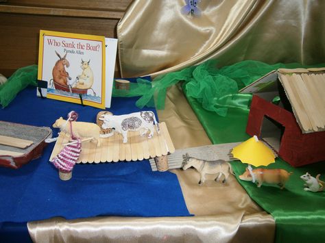 'Who sank the boat?' story table Story Tables Preschool, Who Sank The Boat Activities, Boat Literacy Activities Preschool, Preschool Storytelling Activities, Boat Inquiry Kindergarten, Who Sank The Boat, Preschool Story Telling Basket, News Writing, Story Baskets