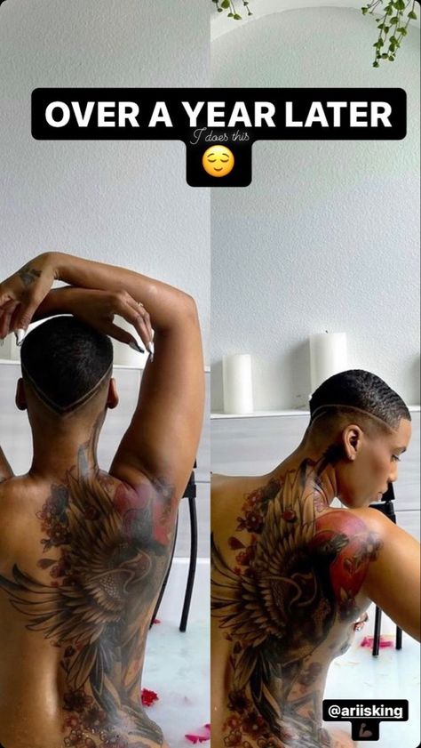 Black Female Back Tattoos, Colorful Back Tattoos For Black Women, Back Tattoos On Black Women, One Side Back Tattoo, Full Back Tattoo Black Women, Hip Tattoo Black Women, Hip Tattoos Black Women, Tattooed Black Women, Black Women With Tattoos