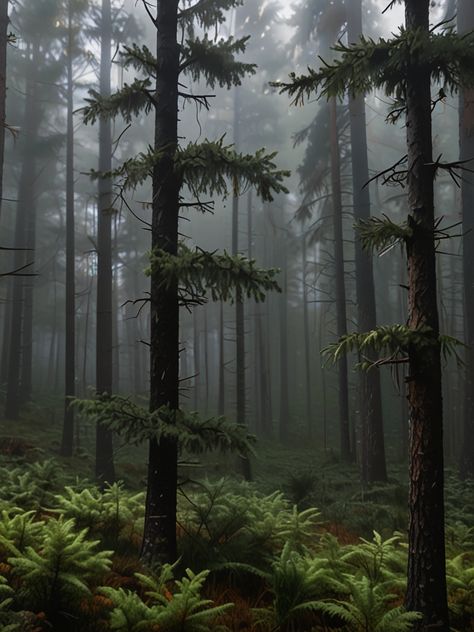 coniferous forest fog gloomy weather web with dew drop 0 Gloomy Forest, Coniferous Forest, Gloomy Weather, Cloud Forest, Foggy Forest, Dew Drops, Art Class, Art Classes, Concept Art