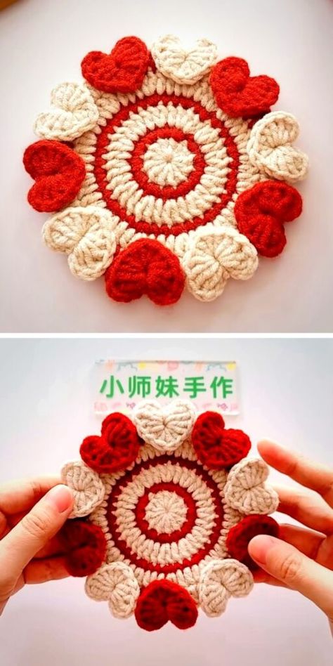 Valentines Crochet Ideas, Crochet Heart Coaster, Crochet Party, Learning Crochet, Crochet Valentines, Crochet Valentine Patterns, Super Easy Crochet, Crochet Coasters Free Pattern, Coaster Pattern