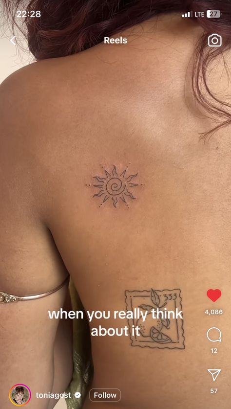 Cute Dainty Back Tattoos, Back Tattoo Women Small Ideas, Look How They Shine For You Tattoo, Latin American Tattoo, Tattoo In Hands For Women, Sun On Ankle Tattoo, Back Sun Tattoo Women, Sun Tattoo Back Shoulder, Maui Island Tattoo