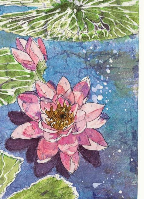 Waterlilies Watercolor Batik Painting Waterlily Print. | Etsy Water Lilies Art, Batik Painting, Sunflower Wall Art, Batik Art, Contemporary Watercolor, 수채화 그림, Watercolor Sunflower, Fine Art Photo, Painting Watercolor