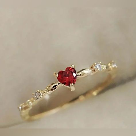 Dainty Ring Yellow Gold Plated Gems | Heart Shape Synthetic Ruby/Diamond Sz 7 Dainty Heart Ring, Simple Promise Rings For Her Cheap, Gold And Red Wedding Ring, Yellow Gold Promise Rings, Small Heart Ring, Wedding Rings Heart Shaped, Wedding Ring Heart, Wedding Rings Heart, Gold Heart Jewelry